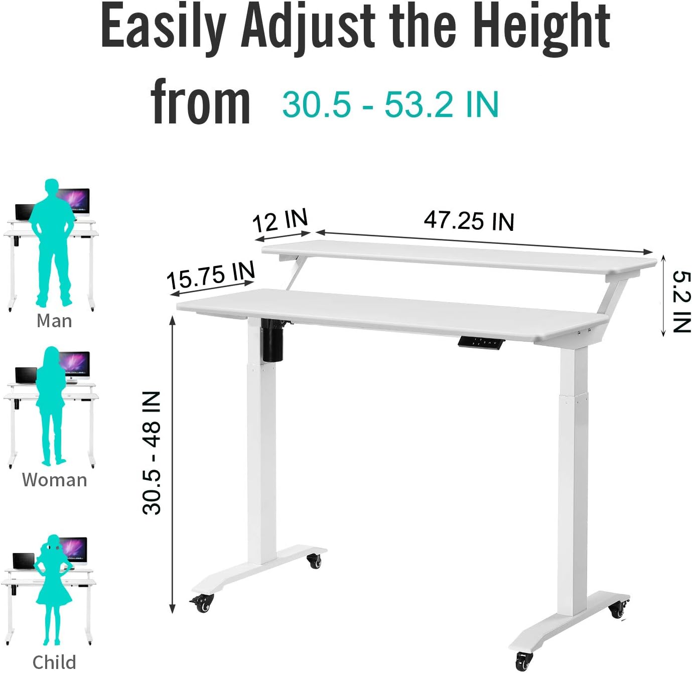 UNICOO Electric Height Adjustable 2-Tier Raising Desk with Wheels, Mobile Standing Desk with Monitor Stand, Ergonomic Adjustable Computer Table, Electric Standing Game Table for Home Office