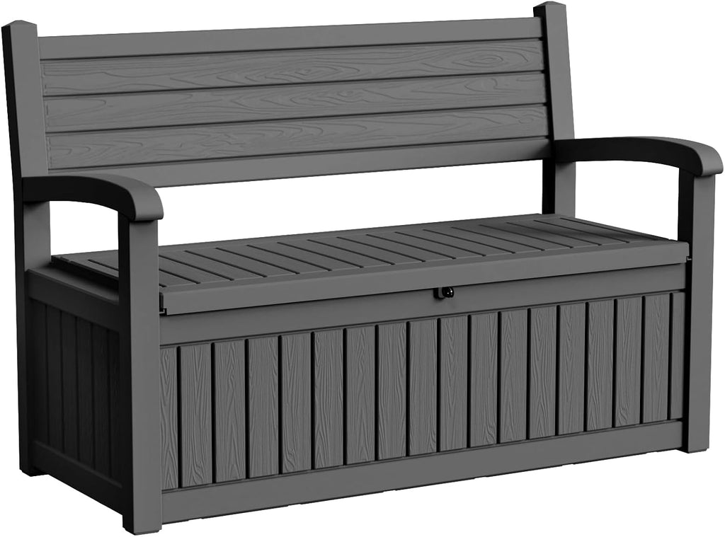 PatioZen 80 Gallon Outdoor Storage Bench Deck Box Waterproof Lockable,Outdoor Storage Furniture for Patio,Garden and Porch,Tools and Cushions（ Black Stripe）