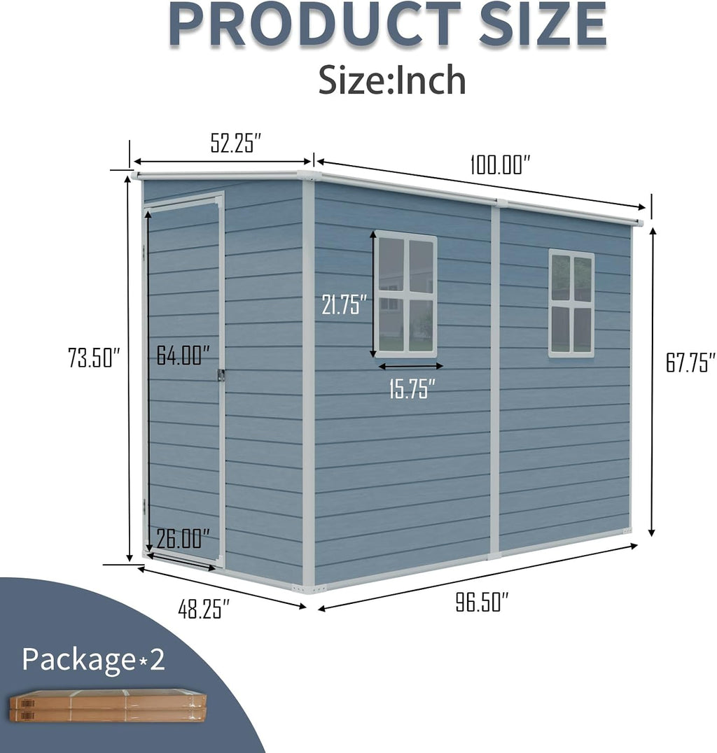Storage Sheds with Floor, Resin Outdoor 4x8FT Lean to Shed with Two Windows, Lockable Doors for Garden Tools