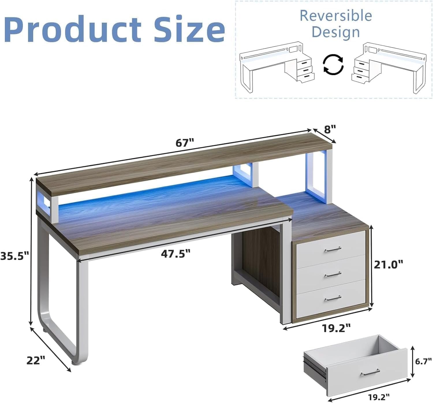 MaverickFurni 67' Home Office Desk with Drawers, Reversible Computer Desk with Moniter Stand and LED Lights, Long Desk with Printer Shelf, White and Walnut