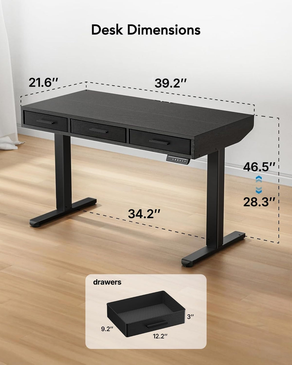 HUANUO Electric Standing Desk with Drawers, C-Clamp Mount Compatible, 40 x 22 Inch Height Adjustable Sit Stand Desk, Fabric Drawers, Home Office Stand Up Desk with 4 Custom Height Settings, Black