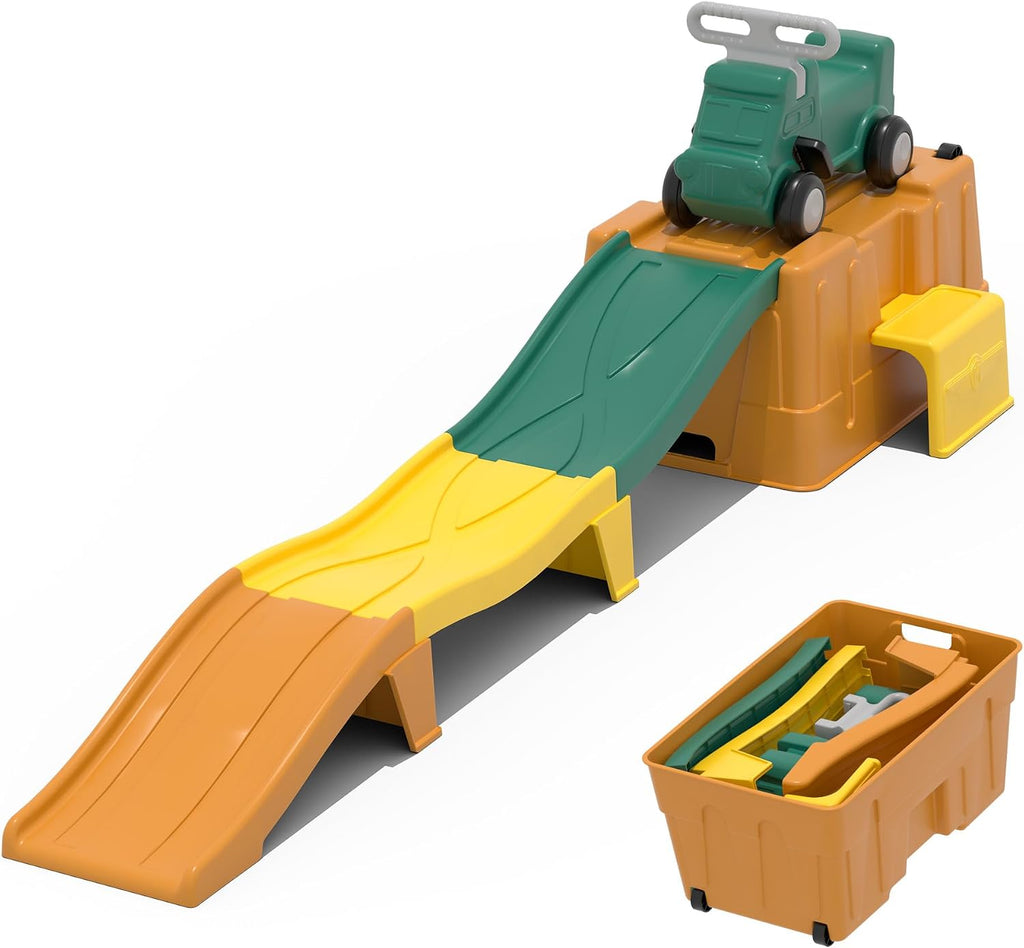 Up & Down Roller Coaster，Kids Ride On Toy，Toddler Push Car with Assembled Race Track & Storage Base Box, Indoor Outdoor Playset