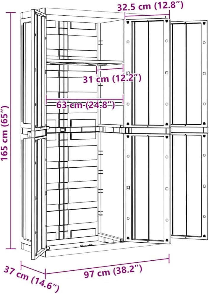 vidaXL Outdoor Storage Cabinet - Weather-Resistant Polypropylene/PP, Adjustable Shelves, Lockable, Compact Design for Garden/Balcony/Patio, Black, 38.2' x 14.6' x 65'