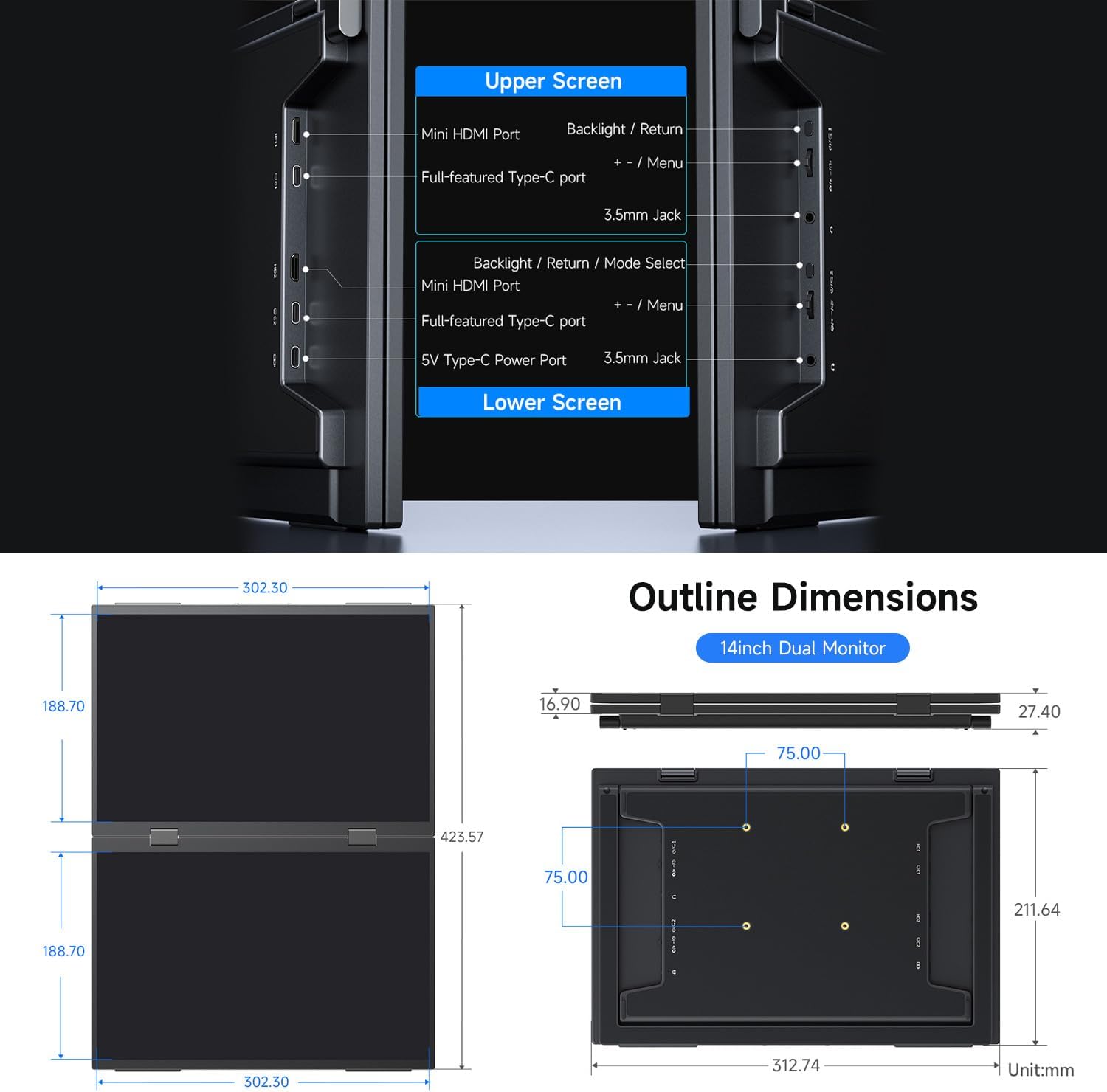waveshare 14inch Dual-Screen Portable Monitor, Supports Windows/MacOS, Dual-1080p High Definition Foldable Screen, 100% SRGB, 178° Wide Viewing Angle, Built-in Gravity Sensor, Hi-Fi Speaker