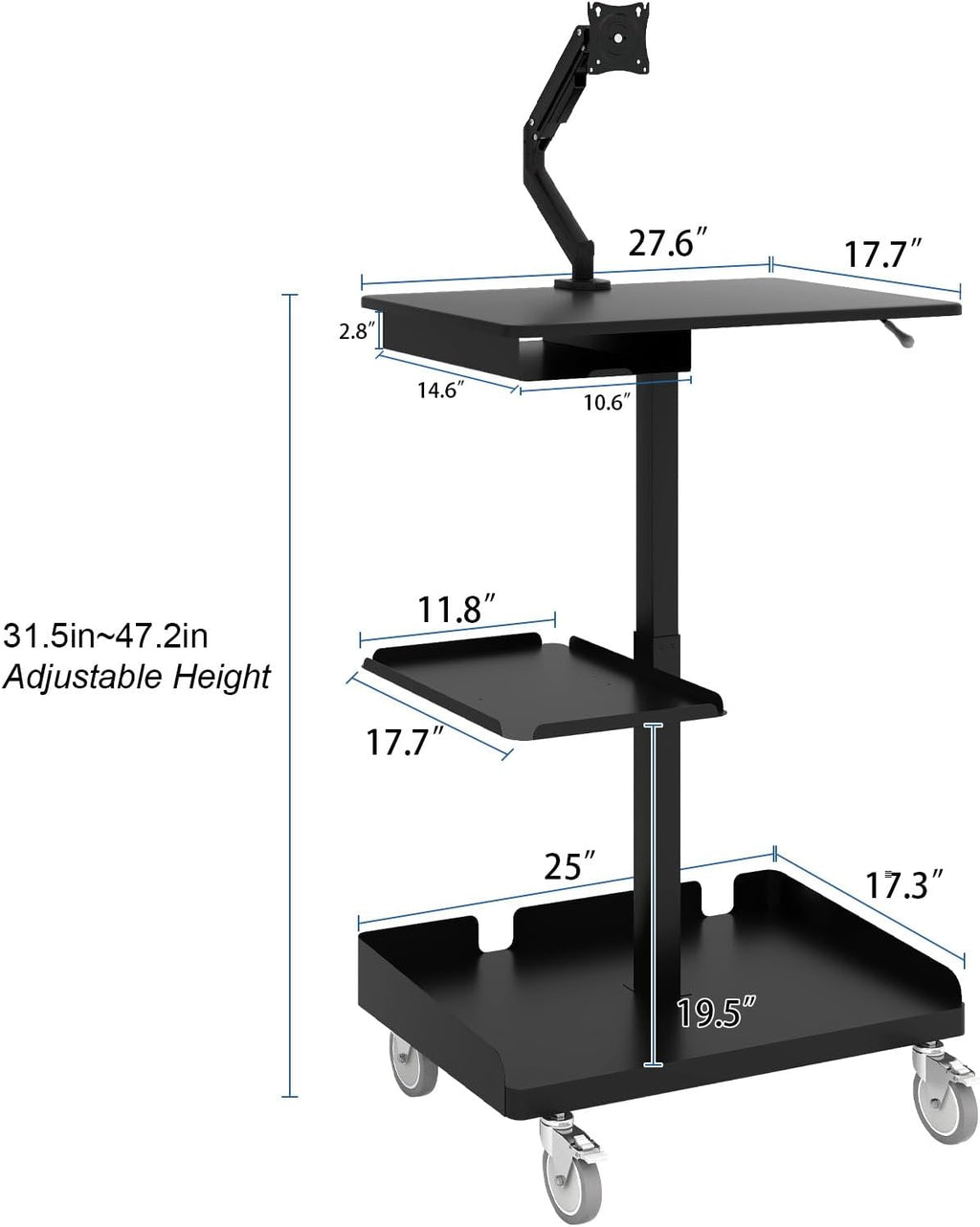 Natwind Mobile Workstation Cart with Monitor Mount,Height Adjustable Rolling Computer Cart, Heavy-Duty Rolling Standing Desk with CPU Holder for Home Office, School,Warehouse, Medical（Black）