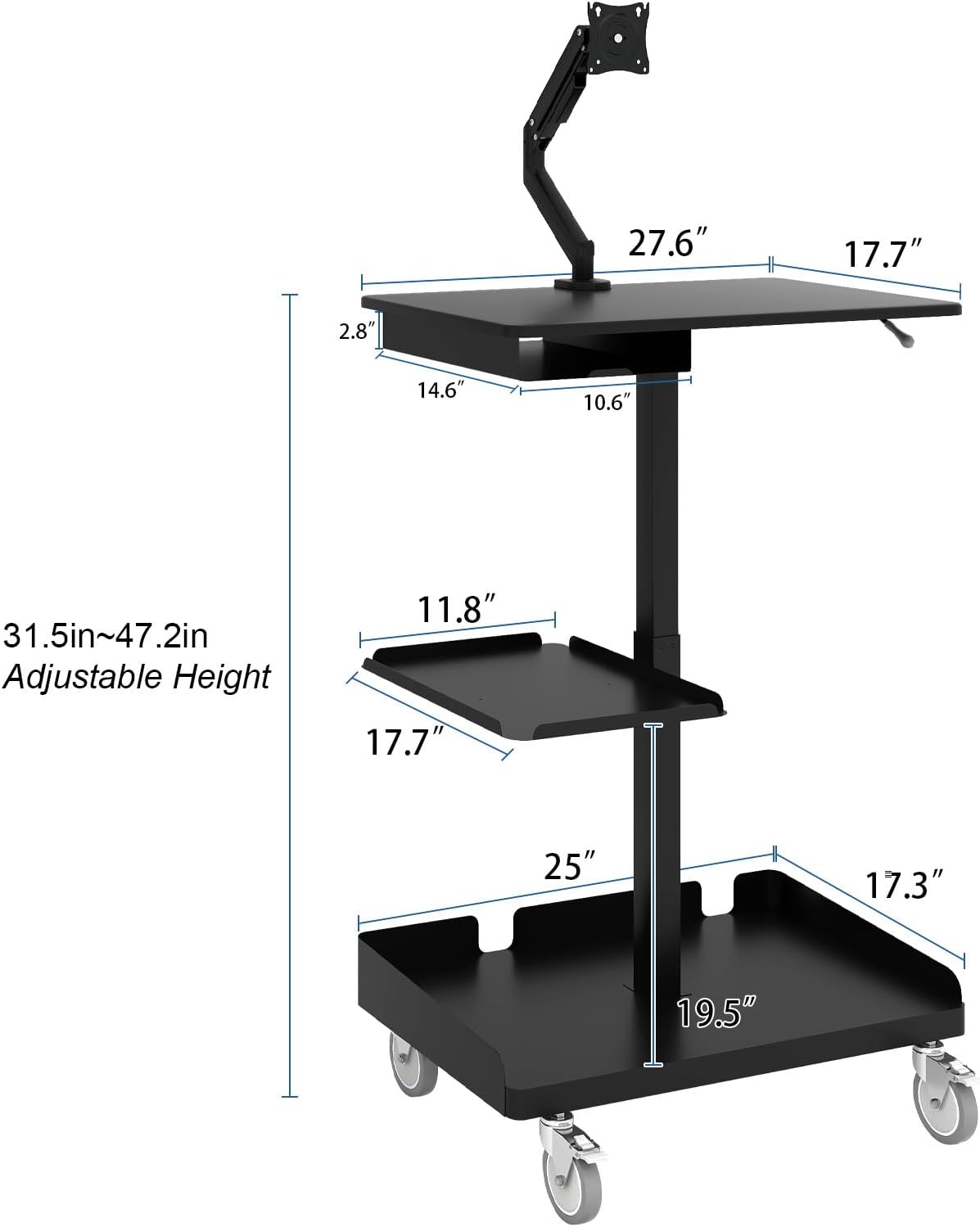 Natwind Mobile Workstation Cart with Monitor Mount,Height Adjustable Rolling Computer Cart, Heavy-Duty Rolling Standing Desk with CPU Holder for Home Office, School,Warehouse, Medical（Black）