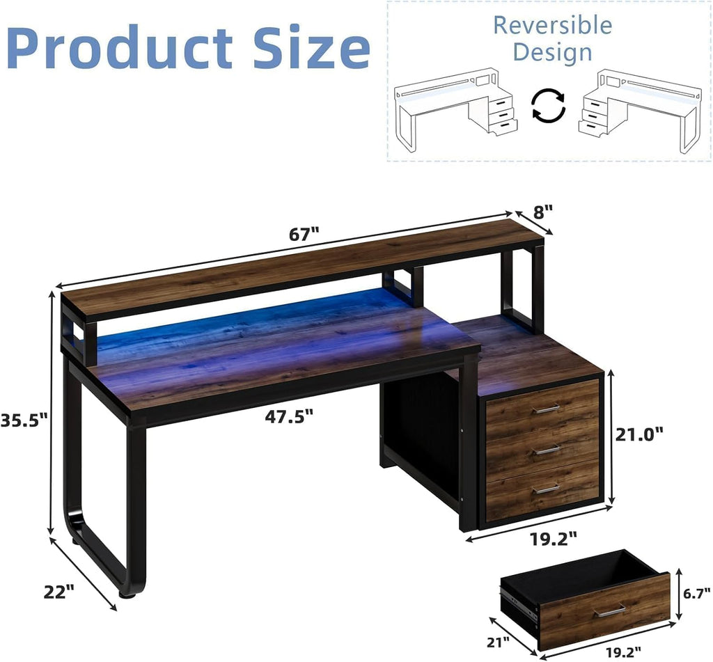 MaverickFurni 67'' Computer Desk with Drawers, Black Desk with Storage and Monitor Stand, Home Office Desk with Printer Shelf and LED Lights, Black and Walnut