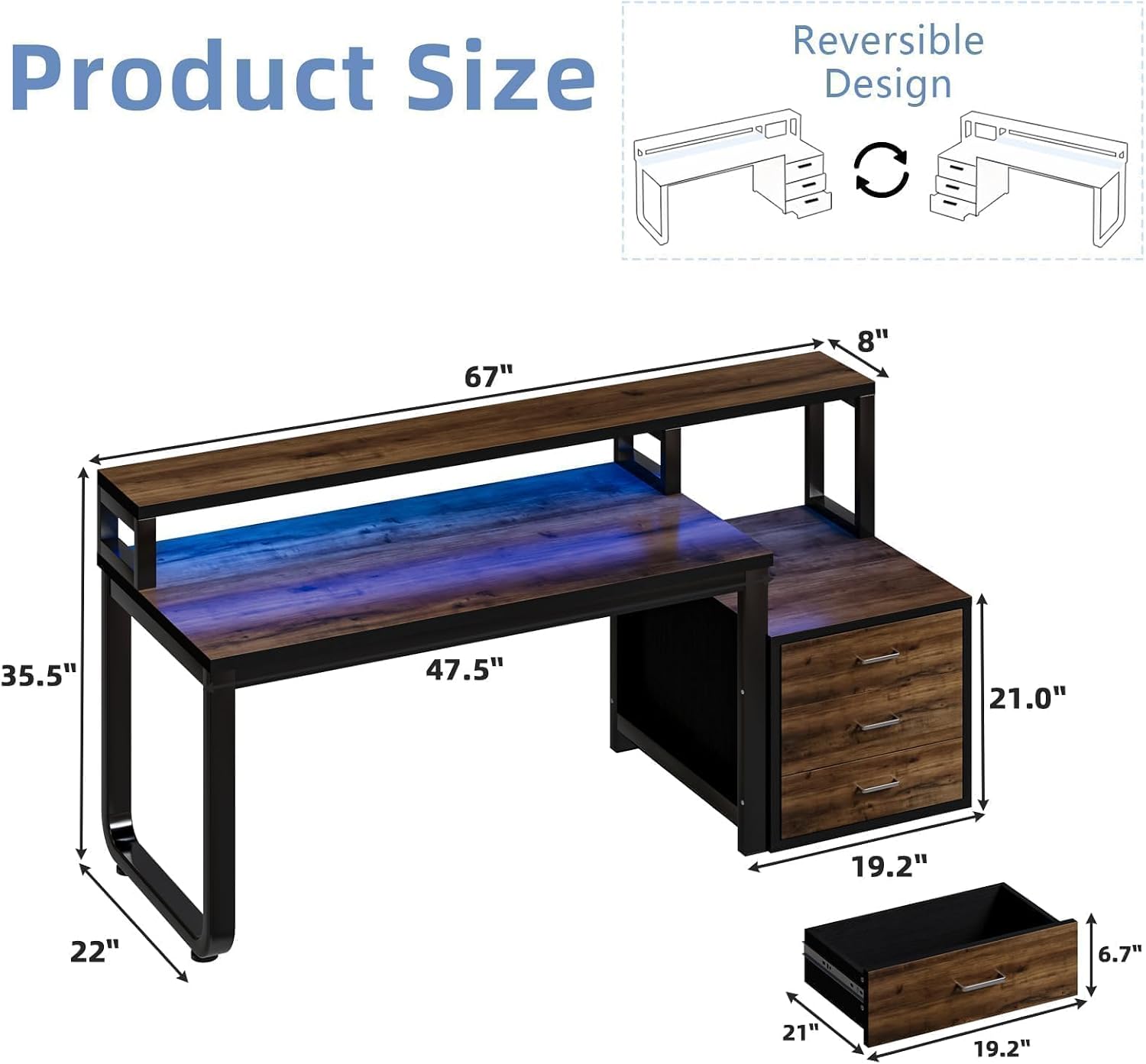 MaverickFurni 67'' Computer Desk with Drawers, Black Desk with Storage and Monitor Stand, Home Office Desk with Printer Shelf and LED Lights, Black and Walnut