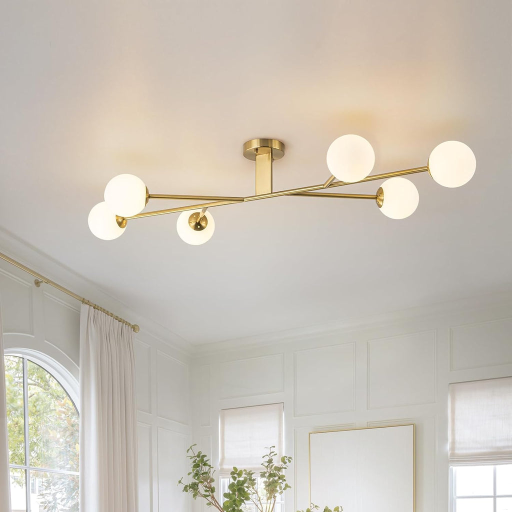 Lingkai 6-Light Gold Sputnik Semi Flush Mount Ceiling Light, 47.2' Modern Globe Milk Glass Bubble Chandeliers Ceiling Light Fixture with Ceramic Base for Kitchen Island Living Room Dining Room Entry