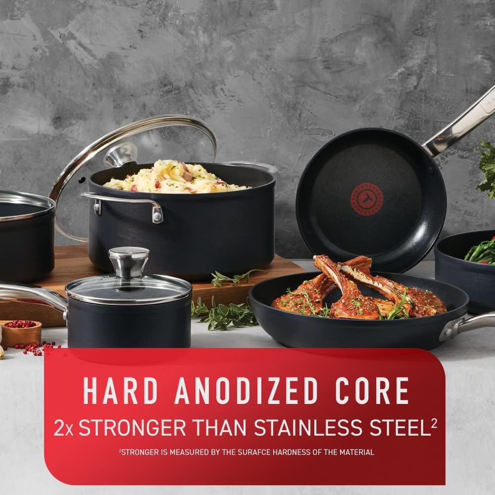 T-fal Platinum Hard Anodized Nonstick Cookware Set 12 Piece Oven Broiler Safe 500F, Lid Safe 350F Pots and Pans, Dishwasher Safe Black