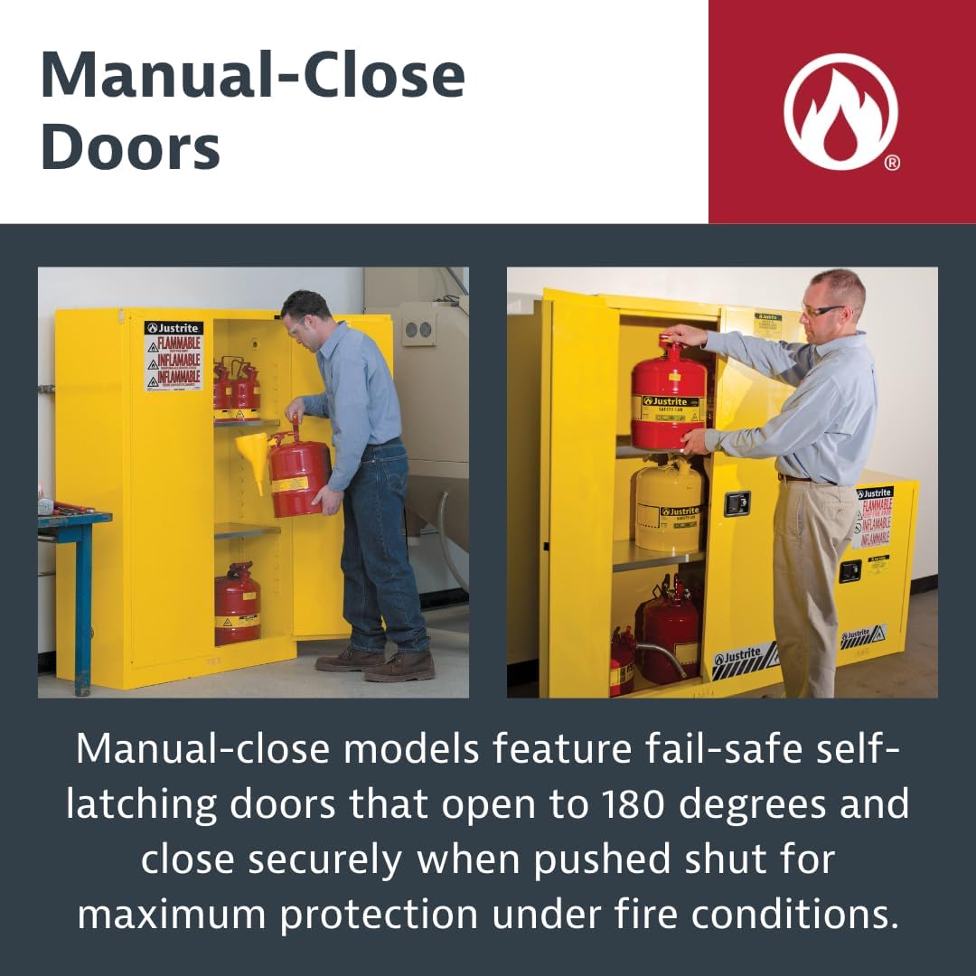 Justrite 90 Gallon Manual Close Flammable Storage Cabinet, 18 Gauge Steel, 2 Shelves, 2 Door Fire Cabinet, 65' x 43' x 34', Made in The USA, Yellow, 899000