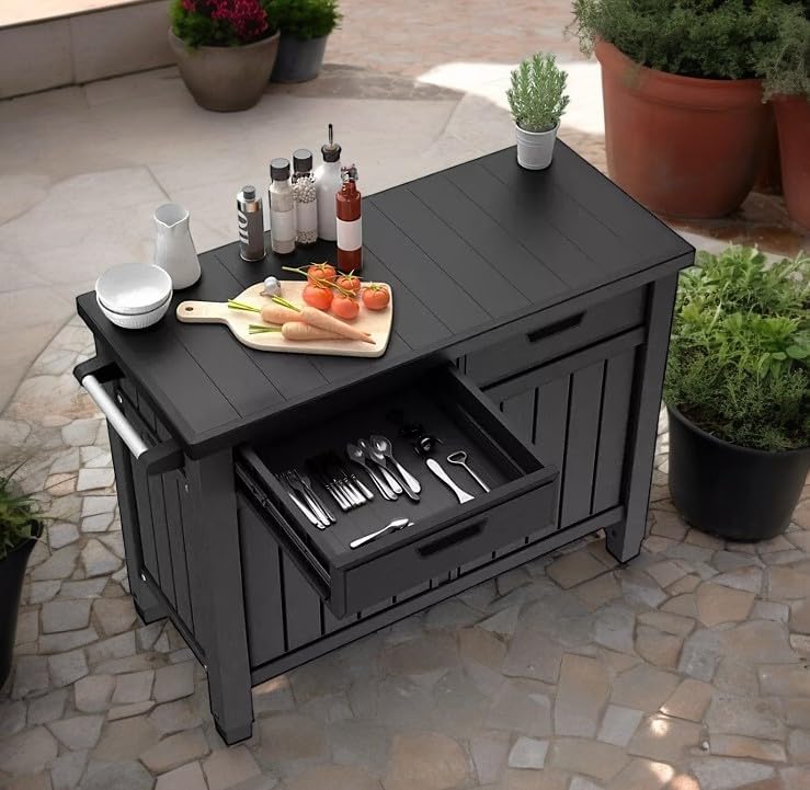 Outdoor Space with This Versatile Outdoor Grill Table with Storage and Drawers in Graphite Gray - Perfect for Entertaining with Ample Storage and Sleek Design