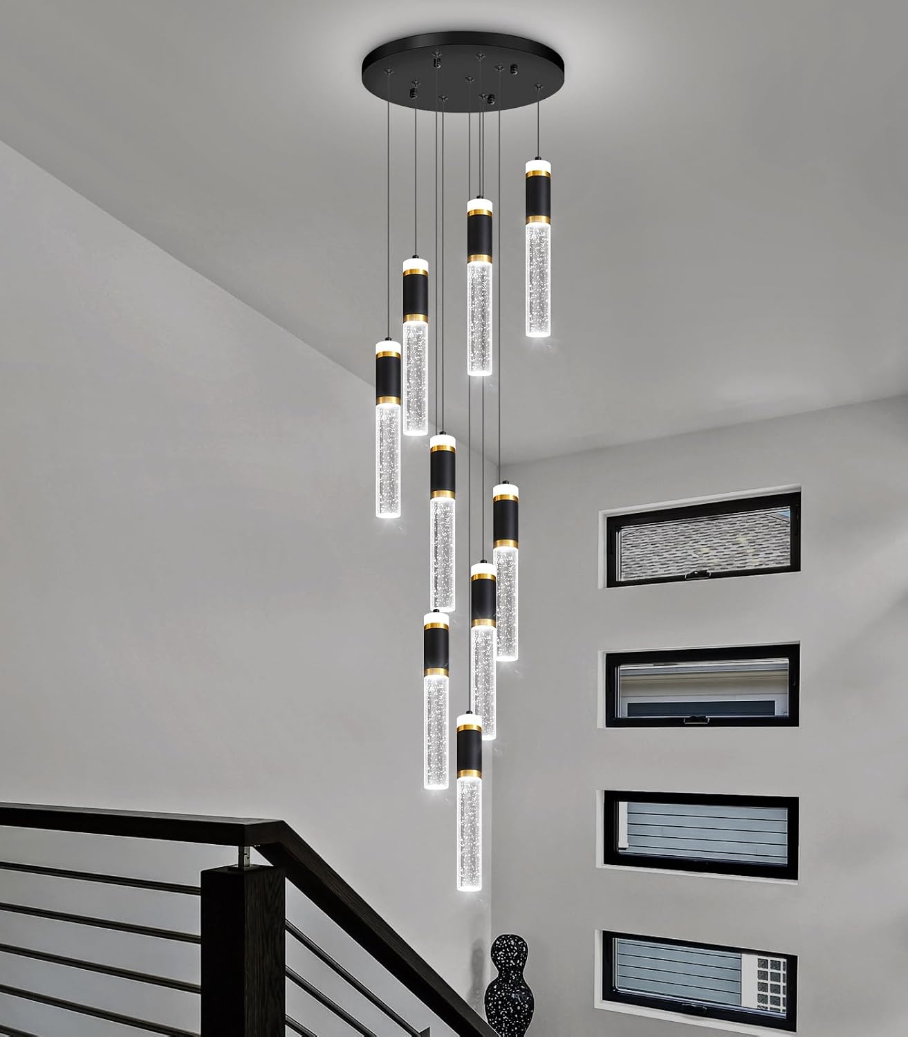9-Lights Modern Crystal Spiral Chandelier for Staircase High Ceiling Chandeliers Bubble Pendant Lighting Hanging Light Fixture Flush Mount for Foyer Entryway