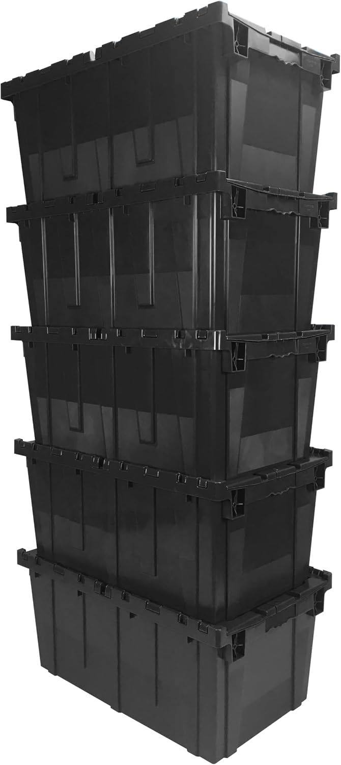 Uboxes Storage Crate, 5 Pack Black Plastic Rectangle Storage Boxes, 27 x 17 x 12 inches, Stackable Waterproof Crates for Organizing Closets, Garage, Kitchen, Outdoor Activities