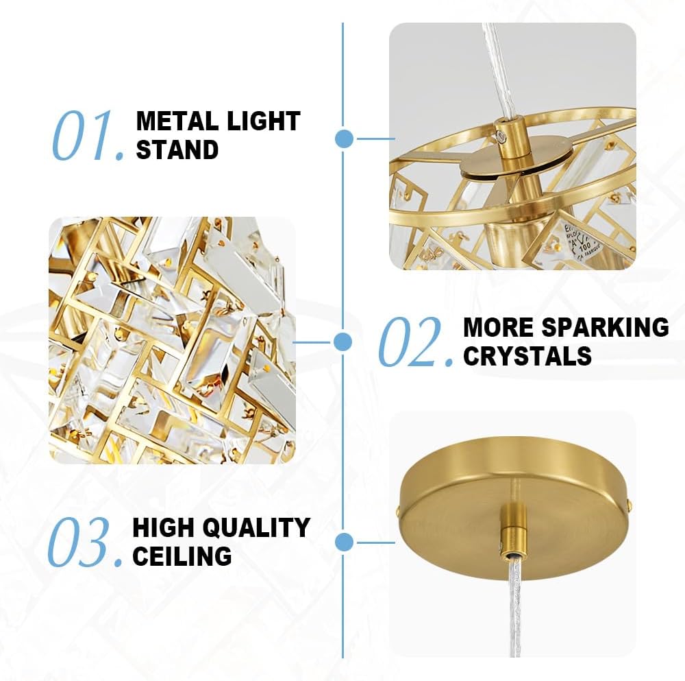 Gold Pendant Lights Kitchen Island, Mini Crystal Modern Kitchen Pendant Lighting Over Sink with 10.2' Clear Glass Shade Chandeliers, Adjustable Pendant Light Fixture for Dinning Room Bedroom Entryway