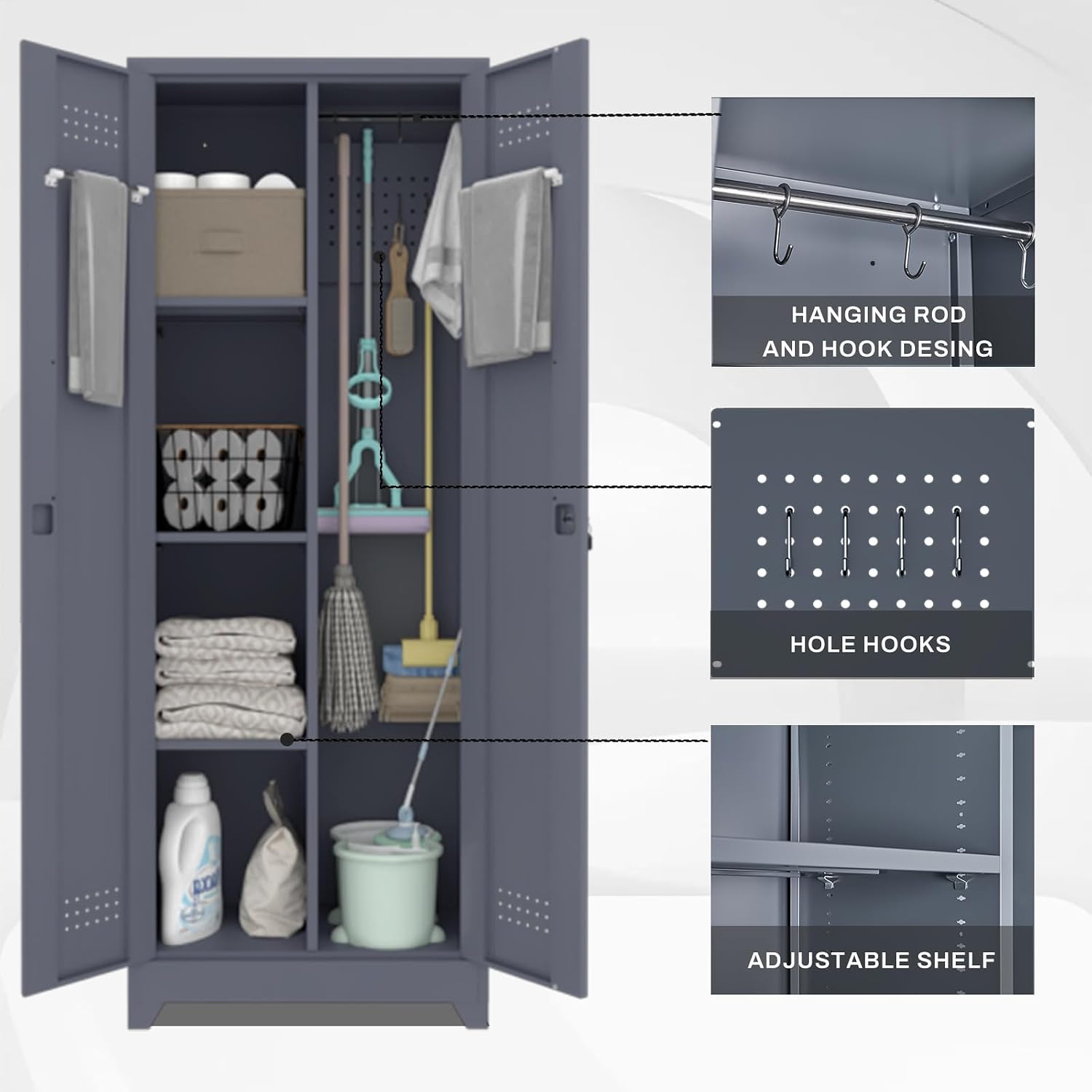 LUCYPAL 65' H Metal Garage Storage Cabinet with Shelves and Lock,Broom Closet Storage Cabinet with Hanging Rods for Mops,Garage Tool Cabinets for Utility Room,Laundry Room,Grey