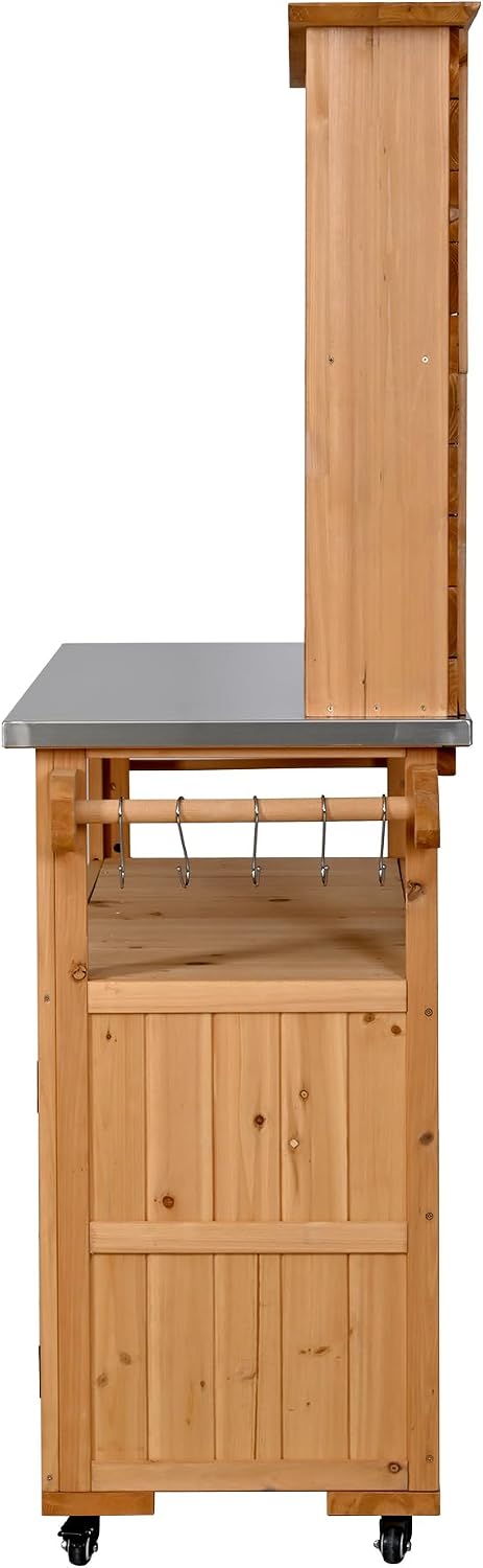 Versatile Garden Potting Bench with Stainless Steel Countertop, Outdoor Workstation for BBQ & Patio Cooking, Mobile Storage Cart Kitchen Island with Wheels (Natural/B)