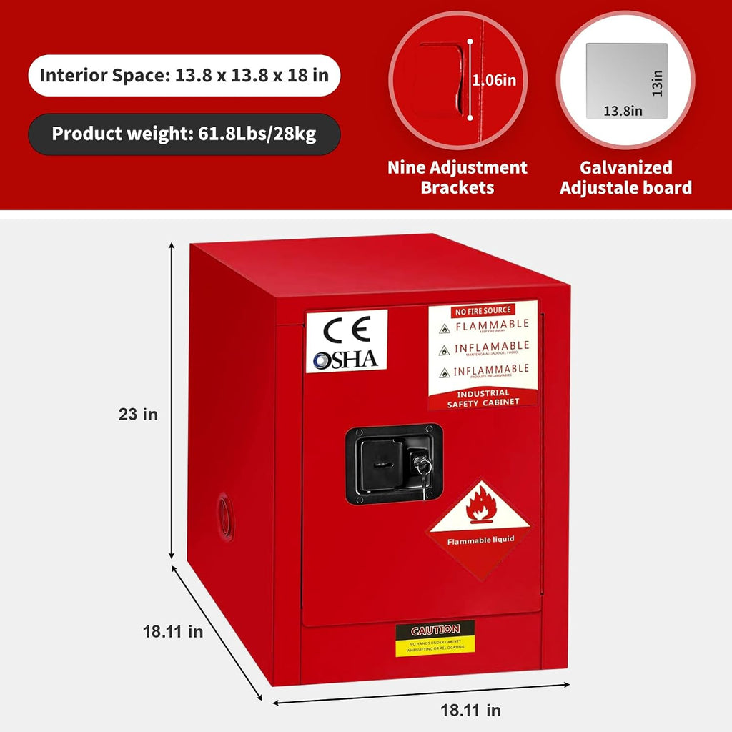 WETOXL12 Gallon Flammable Cabinet 23H x 18W x 18.2D, Galvanized Steel Safety Storage Cabinet, Adjustable Shelf for Commercial Industrial Home Use (Red)