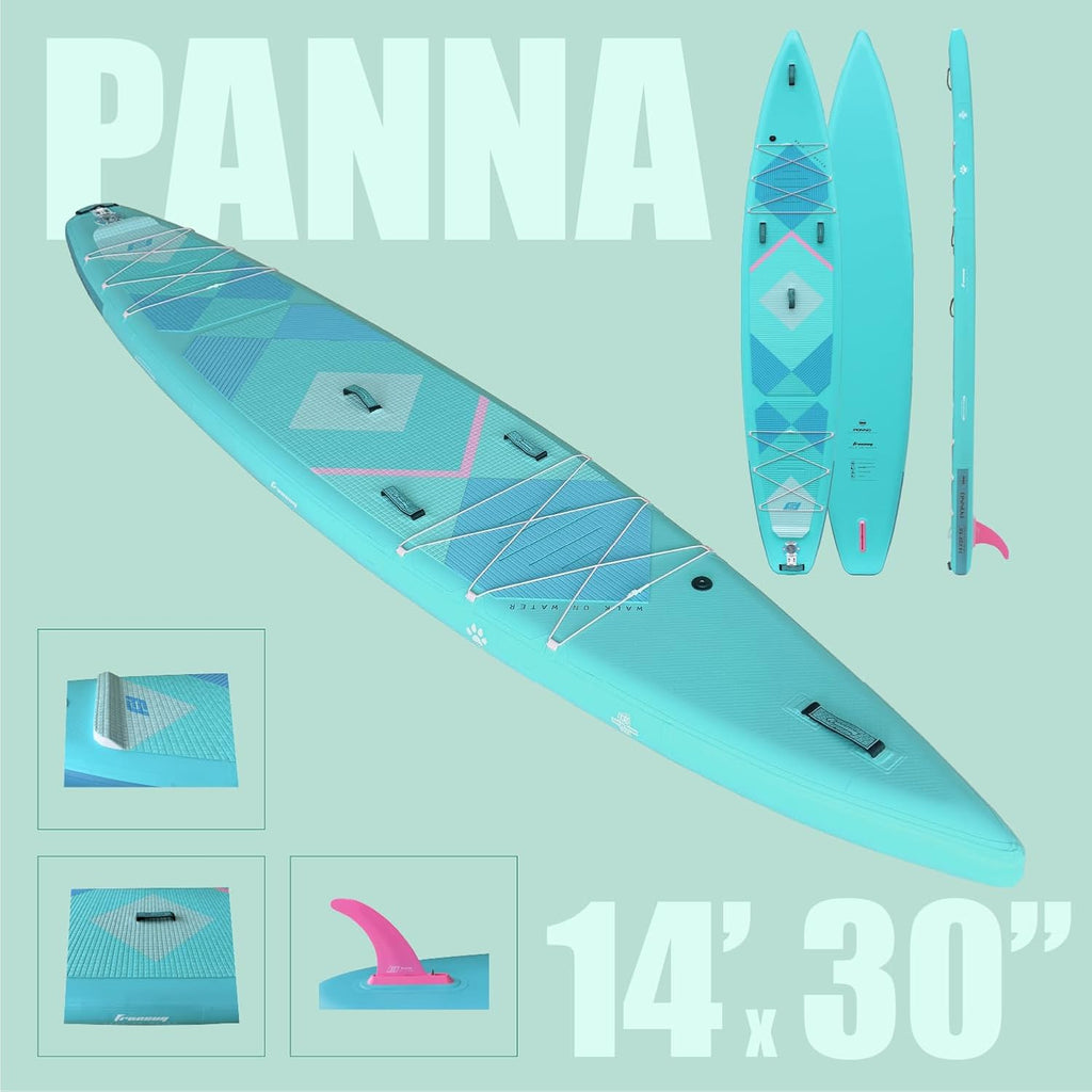 FREESUN Panna 14' x 30' Inflatable Stand Up Paddle Board, Elite Touring & Expedition iSUP with Tool-Free Quick-Install Fin, Glue-Free Heat-Fusion Tech, Fast Glide 14ft Speed Board