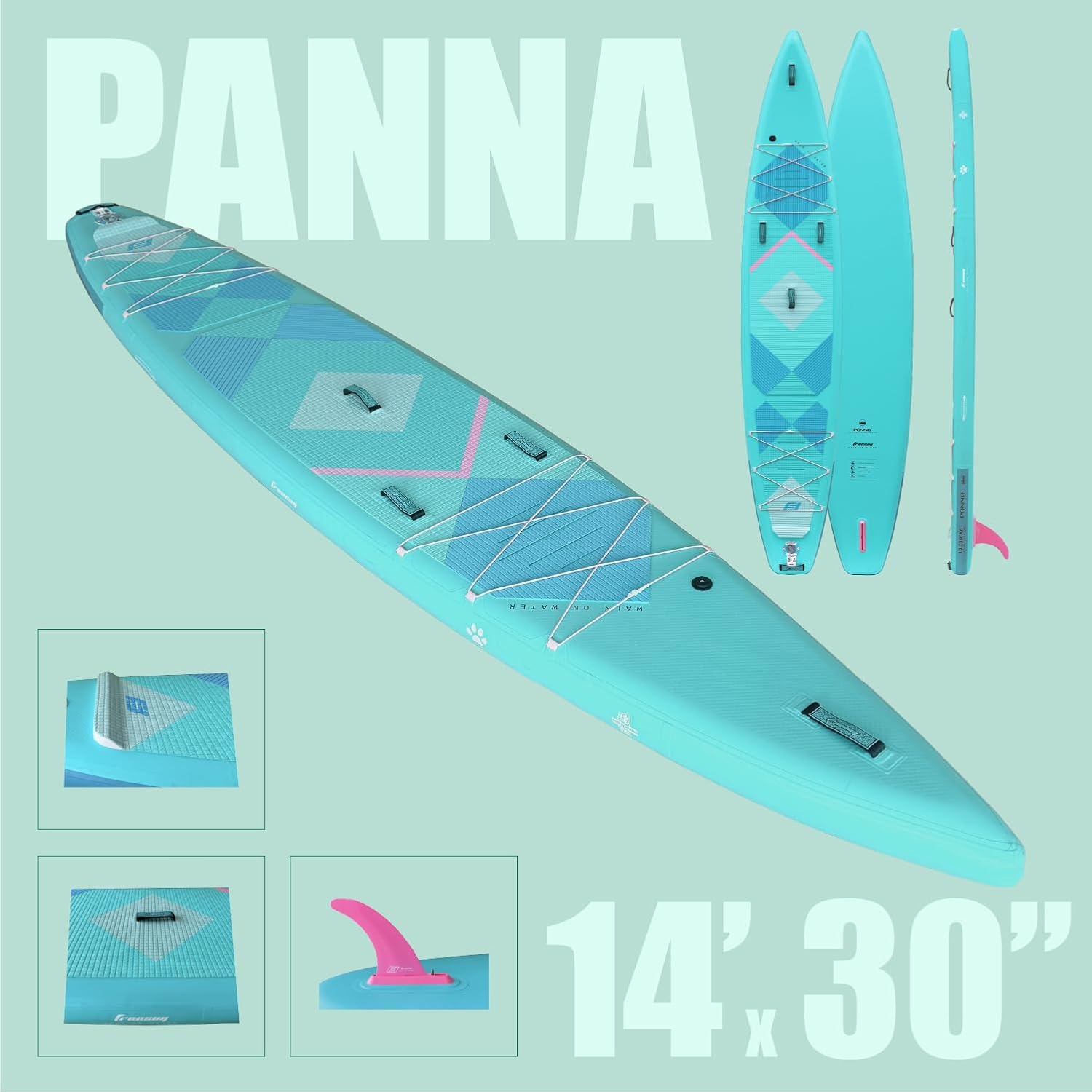 FREESUN Panna 14' x 30' Inflatable Stand Up Paddle Board, Elite Touring & Expedition iSUP with Tool-Free Quick-Install Fin, Glue-Free Heat-Fusion Tech, Fast Glide 14ft Speed Board