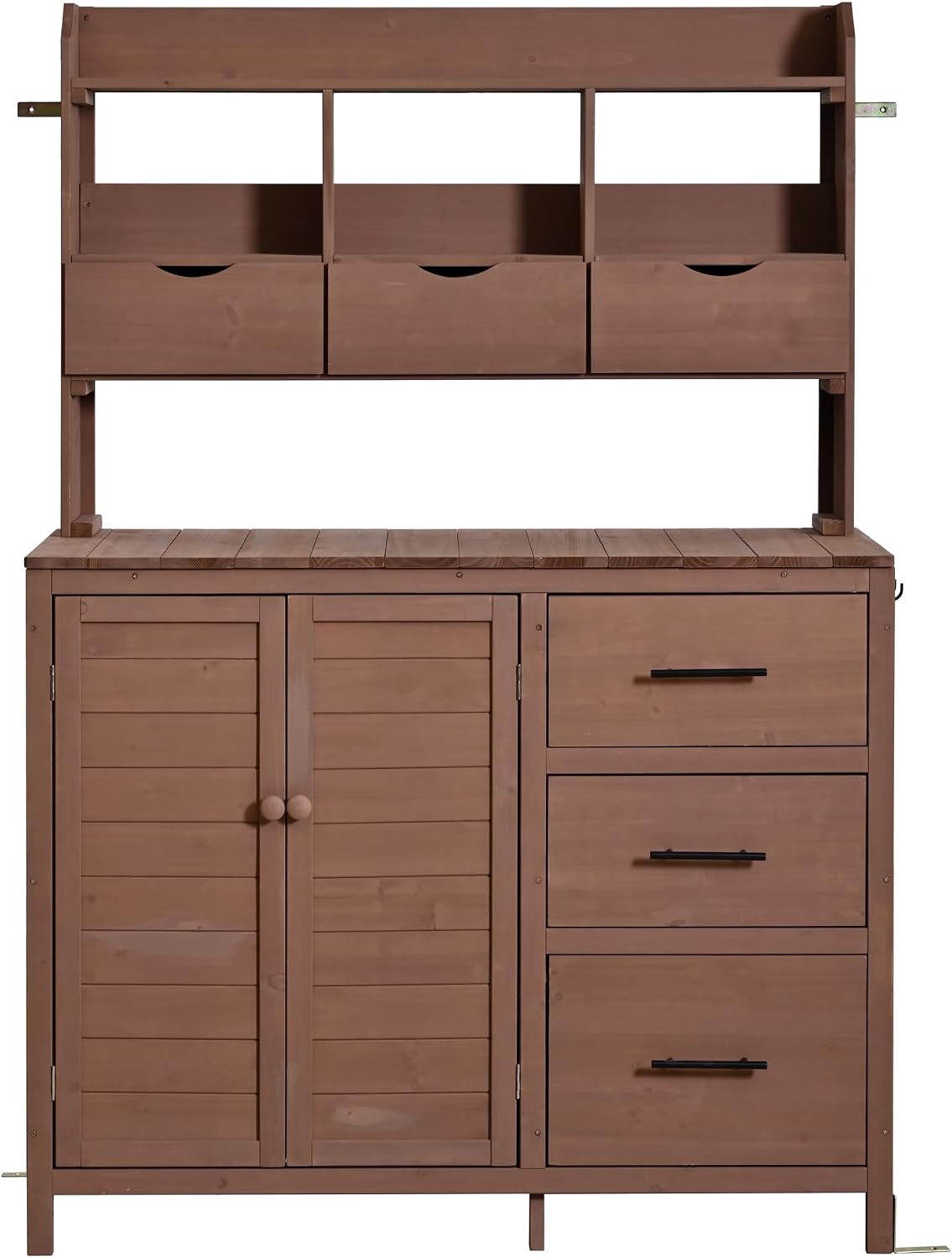 Farmhouse Patio Potting Bench, 44.6''x19.5'' Large Freestanding Garden Workstation with 6 Drawers and Side Hook, Outdoor Kitchen Island (Brown-2)