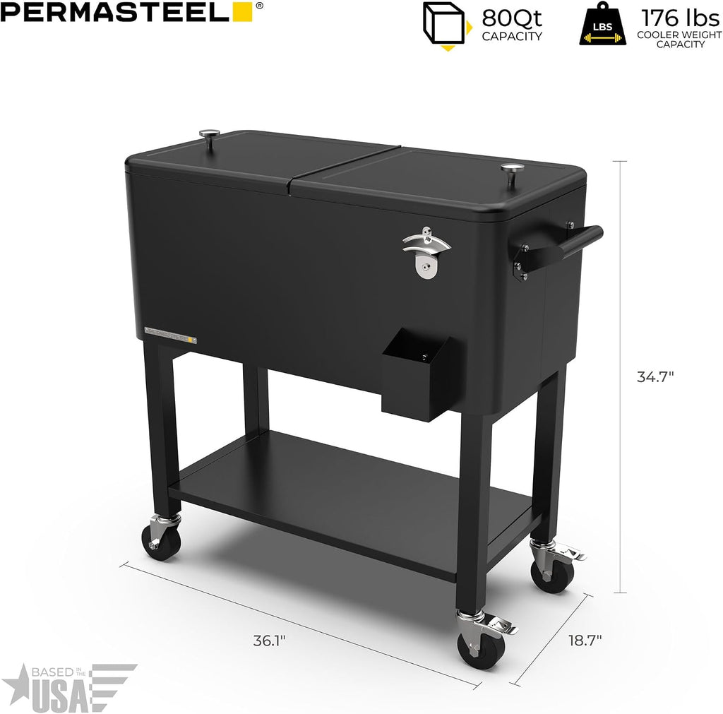 Permasteel Party Cooler with Divider, Removable Basin, Spacious 80-Qt Capacity, Chills 36hrs, Serving Tray, Rolling Ice Chest for Indoor & Outdoor