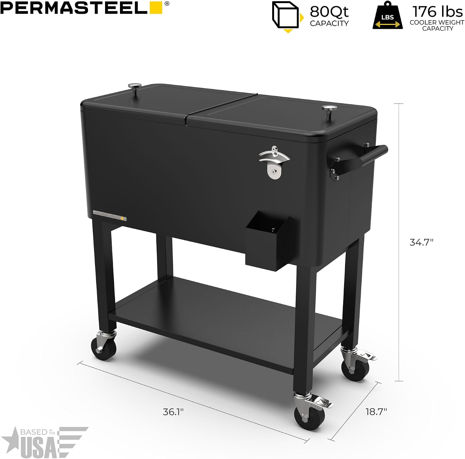 Permasteel Party Cooler with Divider, Removable Basin, Spacious 80-Qt Capacity, Chills 36hrs, Serving Tray, Rolling Ice Chest for Indoor & Outdoor