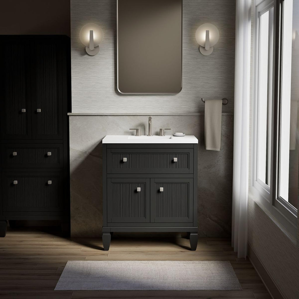 Kohler Hearthaven 30 Inch Bathroom Vanity Cabinet with White Single Sink and Quartz Top, Modern Bathroom Vanity, Slate Gray, K-33536-ASB-1WX