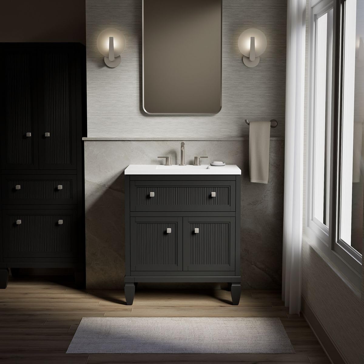Kohler Hearthaven 30 Inch Bathroom Vanity Cabinet with White Single Sink and Quartz Top, Modern Bathroom Vanity, Slate Gray, K-33536-ASB-1WX