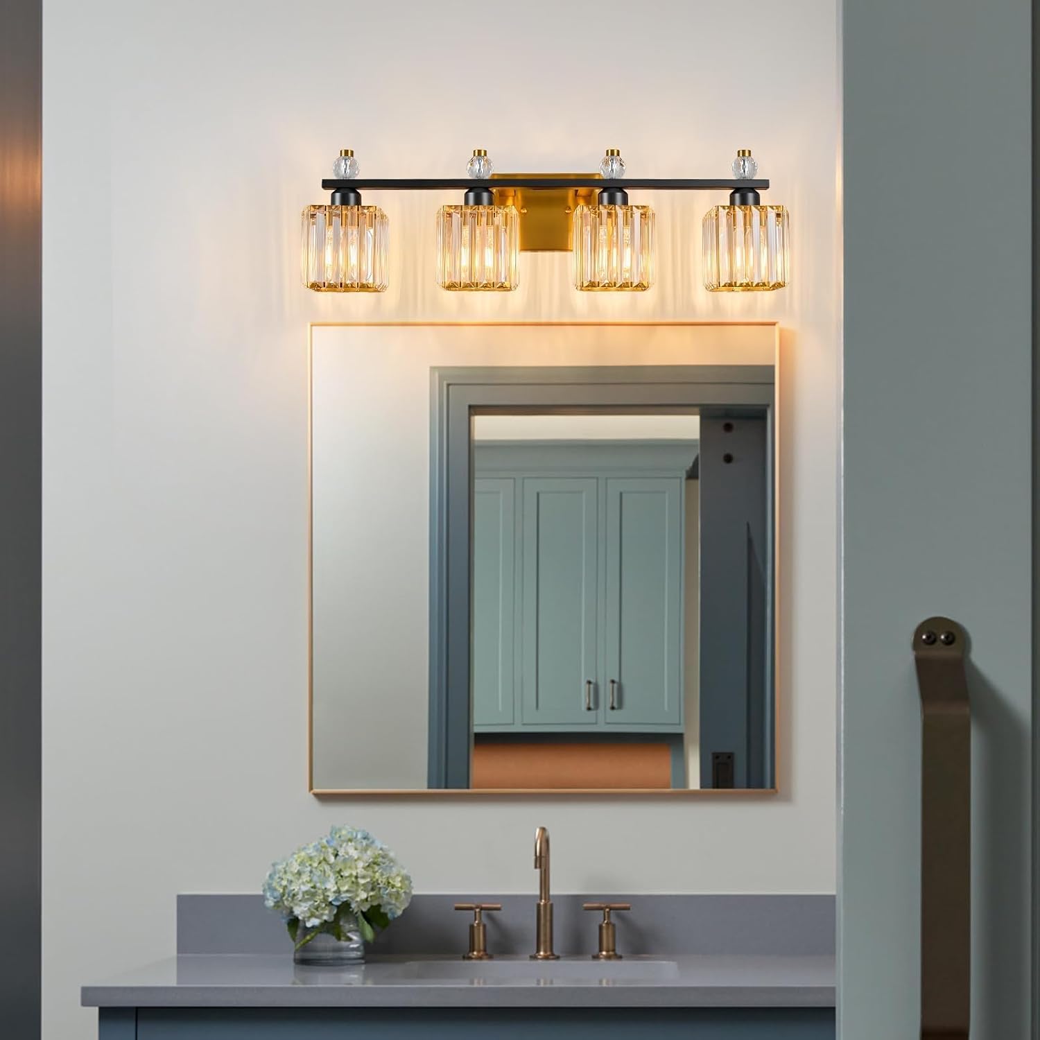 Vanity Lights 4-Light Modern Crystal Vanity Light Black Gold Bathroom Light Fixtures Over Mirror Crystal Bathroom Vanity Lighting Fixtures