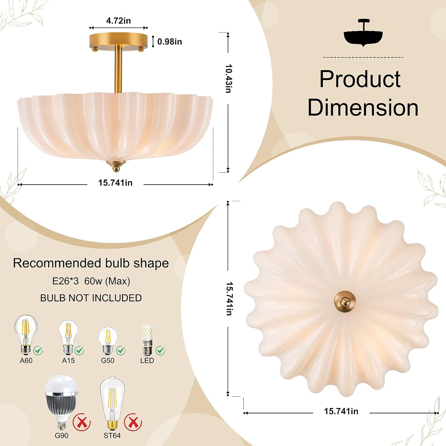 Gold Semi Flush Mount Ceiling Light, 15.7'' Milk Glass Light Fixture, 3-Light Modern Brushed Brass Ceiling Light Fixture for Hallway Entryway Foyer Living Room, E26