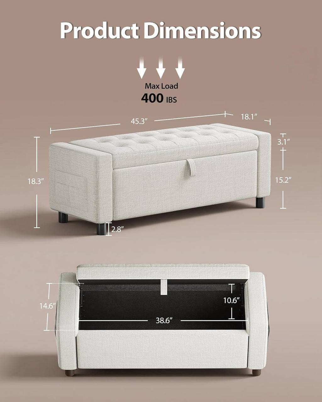 Amada 46' Storage Ottoman Bench with Safety Hinge, Hidden Compartment & Side Pocket - Upholstered End of Bed/Entryway Bench for Bedroom & Living Room, 400 lbs Weight Capacity, Beige