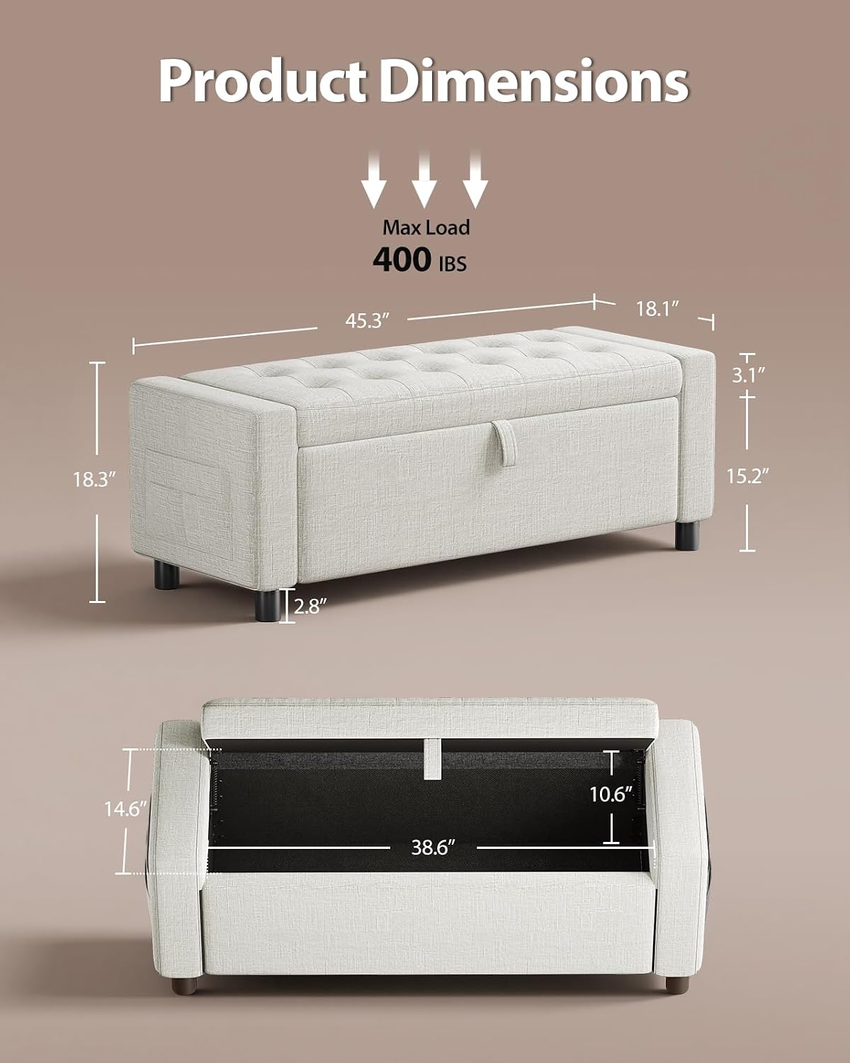 Amada 46' Storage Ottoman Bench with Safety Hinge, Hidden Compartment & Side Pocket - Upholstered End of Bed/Entryway Bench for Bedroom & Living Room, 400 lbs Weight Capacity, Beige