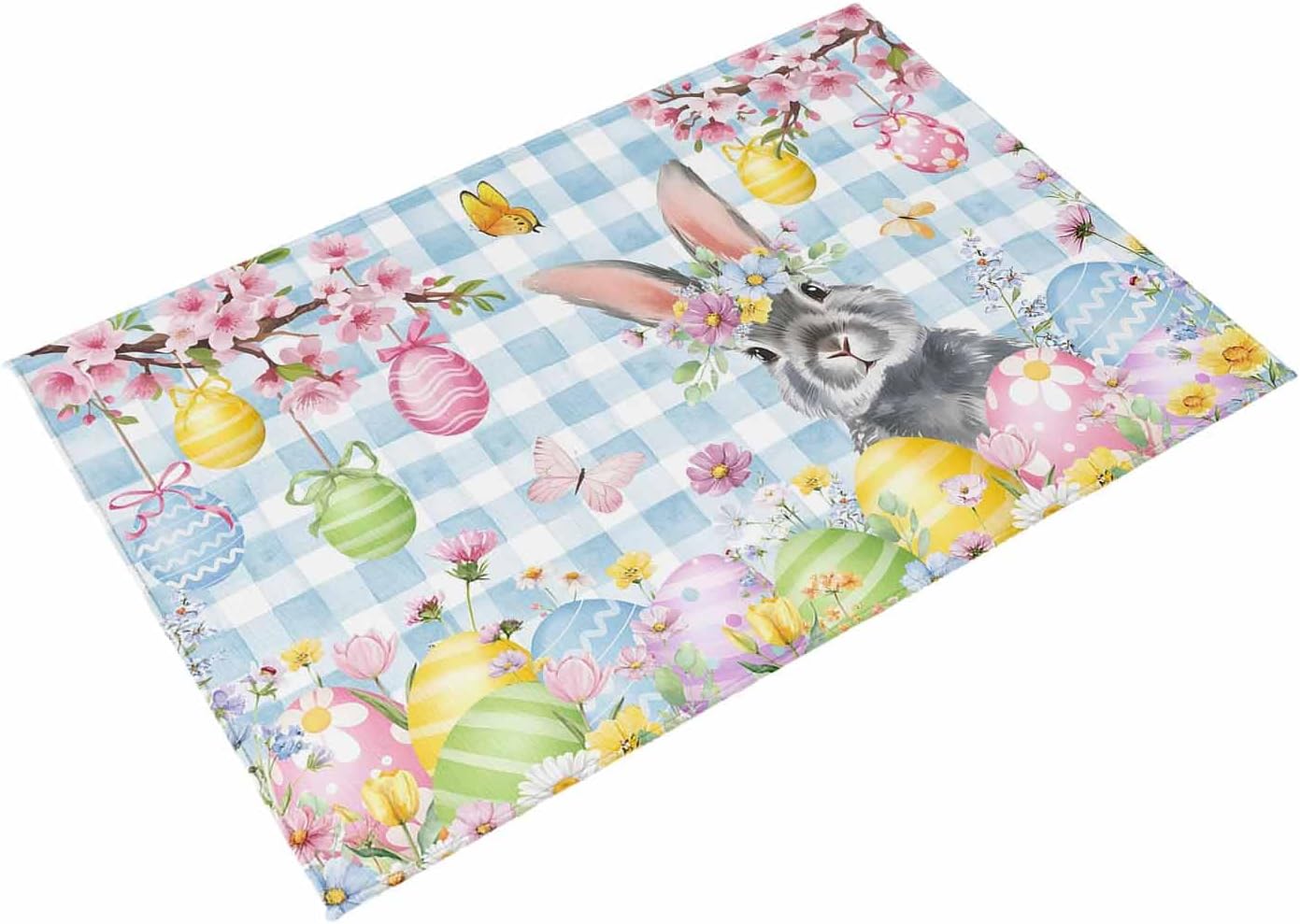 Blue Easter Outdoor Rug for Patio/Deck/Porch, Non-Slip Large Area Rug 6 x 9 Ft, Spring Watercolor Bunny Eggs Flower Plaid Indoor Outdoor Rugs Washable Area Rugs, Reversible Camping Rug Carpet Runner