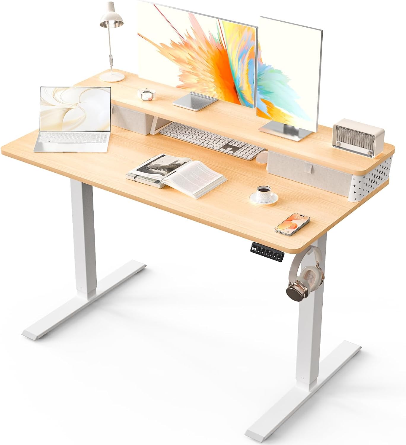 Kingant 48 x 24 Inch Electric Standing Desk with Dual Drawers, Height Adjustable Sit to Stand Computer Desk with Storage Shelf and C-Clamp Mount Compatibility for Home Office, Nature