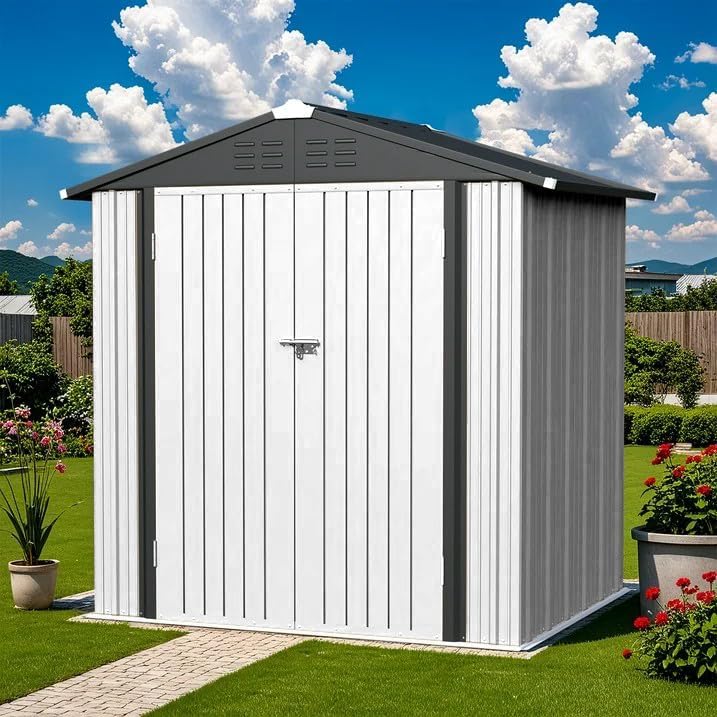 Greesum 6x4FT Outdoor Storage Shed, Metal Storaged Sheds with Lockable Doors, Sheds & Outdoor Storage for Bike, Backyard, Pool and Garden, White