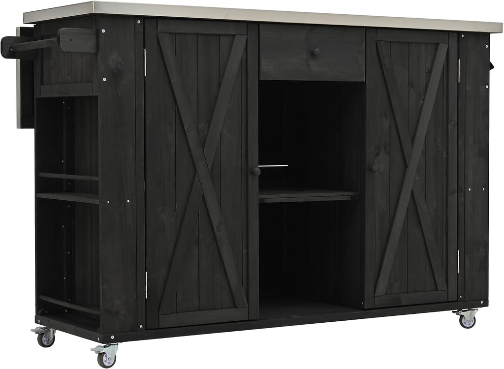 52.25' W Outdoor Kitchen Island Patio Grill Cart with Stainless Steel Tabletop, Storage Cabinet for BBQ, Bar