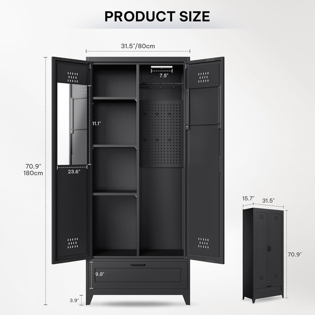 YITAHOME 71' Metal Garage Broom Cabinets with Adjustable Shelves, Vacuum Storage Cabinet with Doors and Drawer, Tool Storage Cabinet for Gym, Basement, Warehouse, Black, Metal