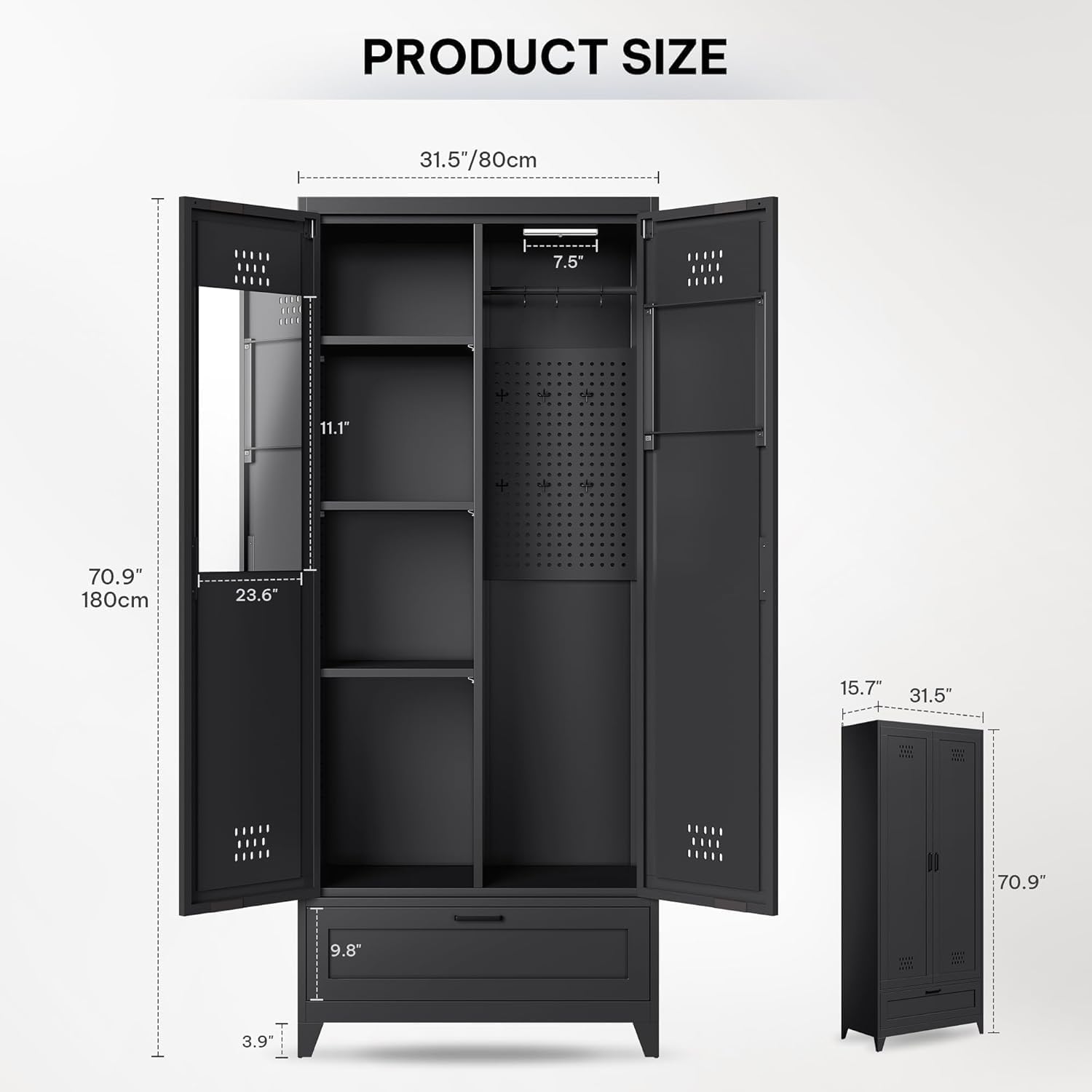 YITAHOME 71' Metal Garage Broom Cabinets with Adjustable Shelves, Vacuum Storage Cabinet with Doors and Drawer, Tool Storage Cabinet for Gym, Basement, Warehouse, Black, Metal