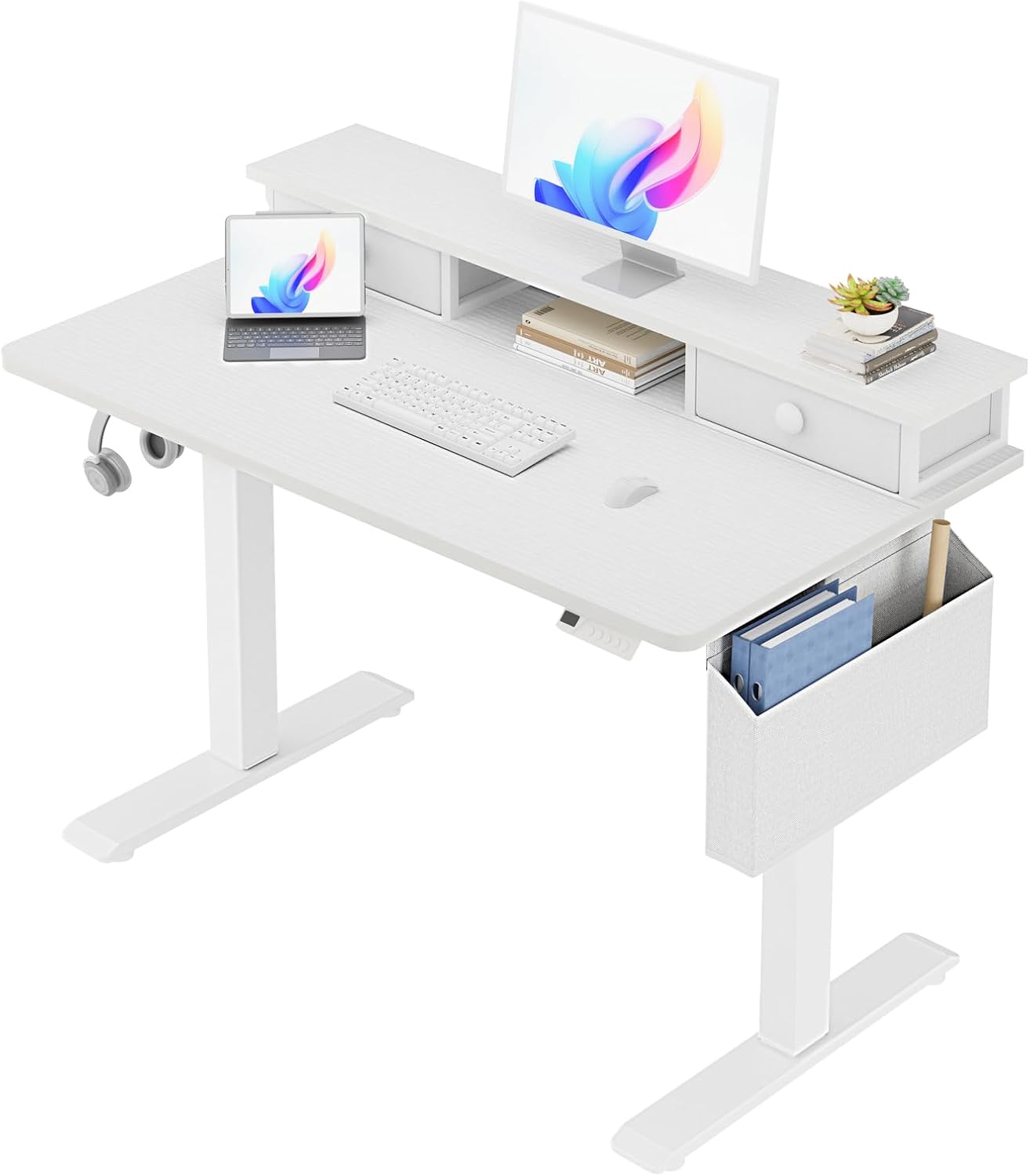 White Electric Standing Desk with Drawers - 40 Inch Small Standing Desk with Shelf Monitor Stand Storage Height Adjustable for Home Office, Study Writing Girls Computer Sit Stand Desks for Bedroom