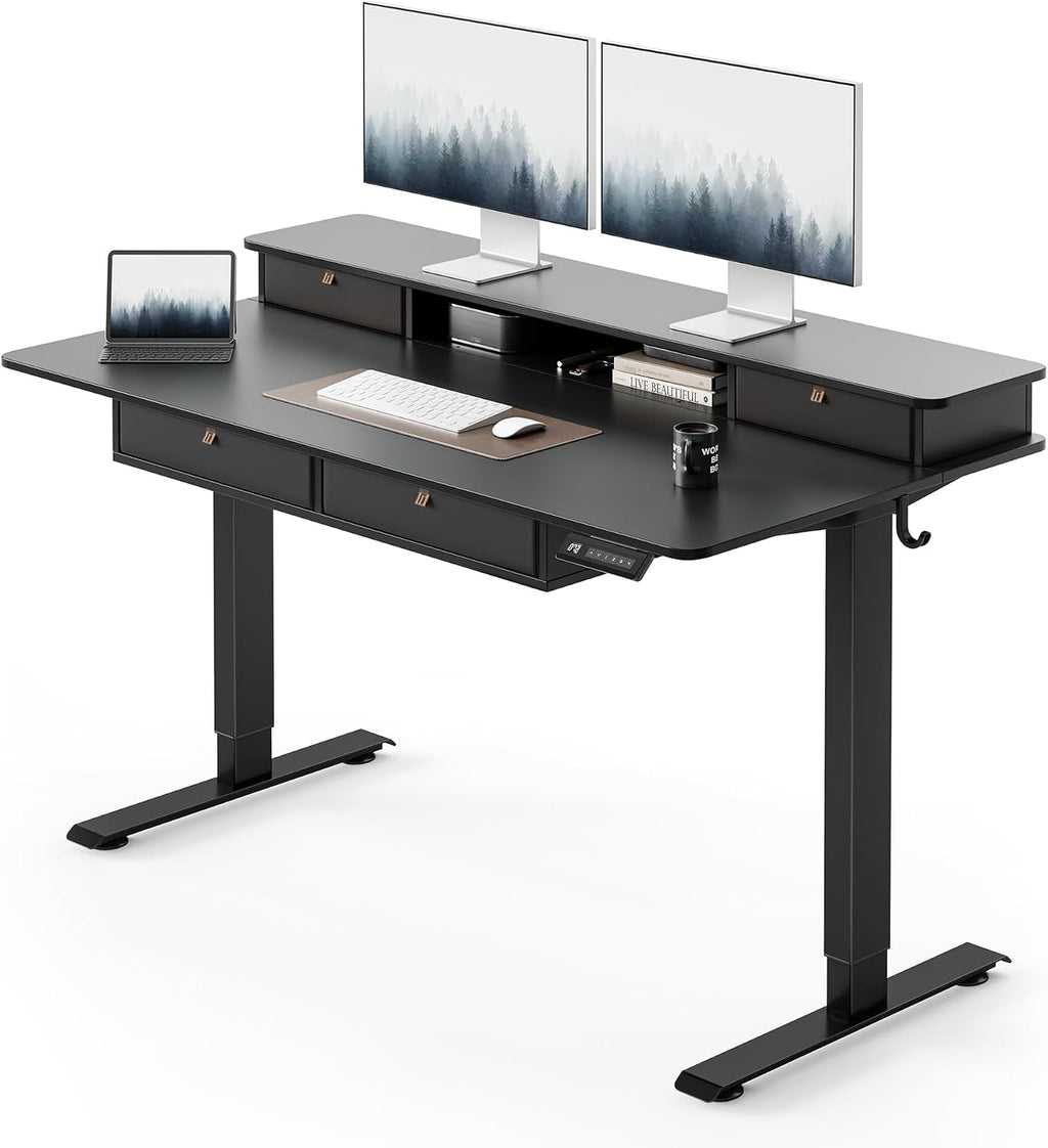 FEZIBO 48 x 24 inch Standing Desk with Drawers, Height Adjustable Electric Workstation, Computer Sit Stand Up Table with Large Storage Shelf 4 Drawers and 2 Hooks, Black