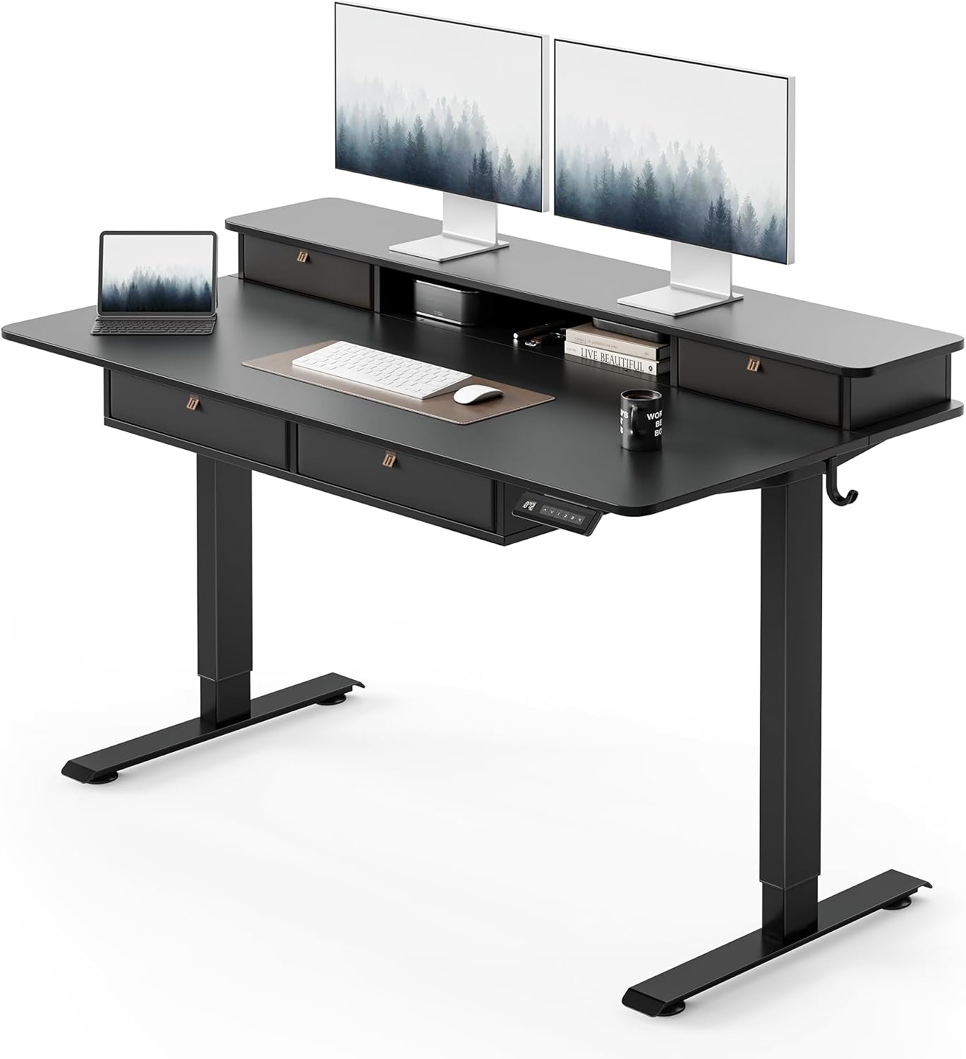 FEZIBO 48 x 24 inch Standing Desk with Drawers, Height Adjustable Electric Workstation, Computer Sit Stand Up Table with Large Storage Shelf 4 Drawers and 2 Hooks, Black
