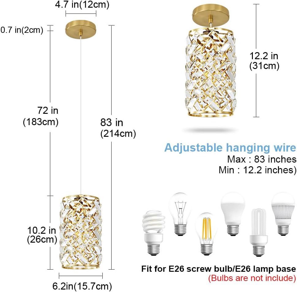 Gold Pendant Lights Kitchen Island, Mini Crystal Modern Kitchen Pendant Lighting Over Sink with 10.2' Clear Glass Shade Chandeliers, Adjustable Pendant Light Fixture for Dinning Room Bedroom Entryway