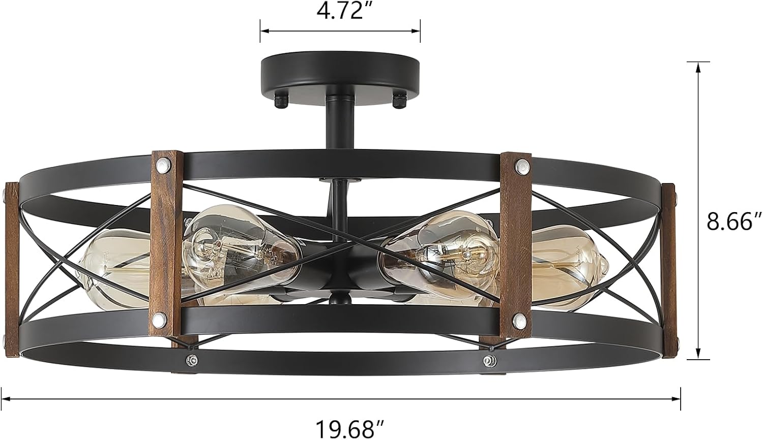 6-Light Large Rustic Farmhouse Wood Flush Mount Ceiling Light Fixture 20 inch Oak Wood and Metal Round Semi Flush Mount Ceiling Light for Hallway Entry Dining Farmhouse Bedroom Living Room, Black