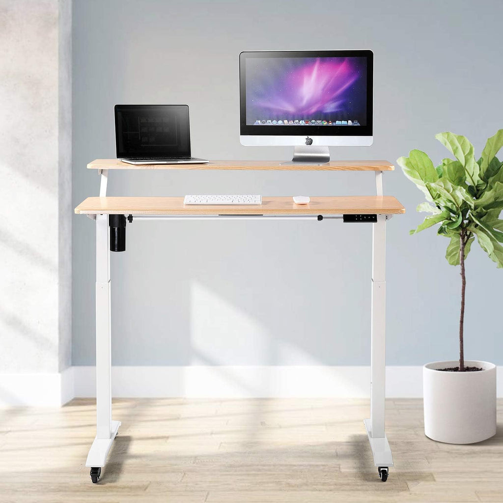 UNICOO Electric Height Adjustable 2-Tier Raising Desk with Wheels, Mobile Standing Desk with Monitor Stand, Ergonomic Adjustable Computer Table, Electric Standing Game Table for Home Office