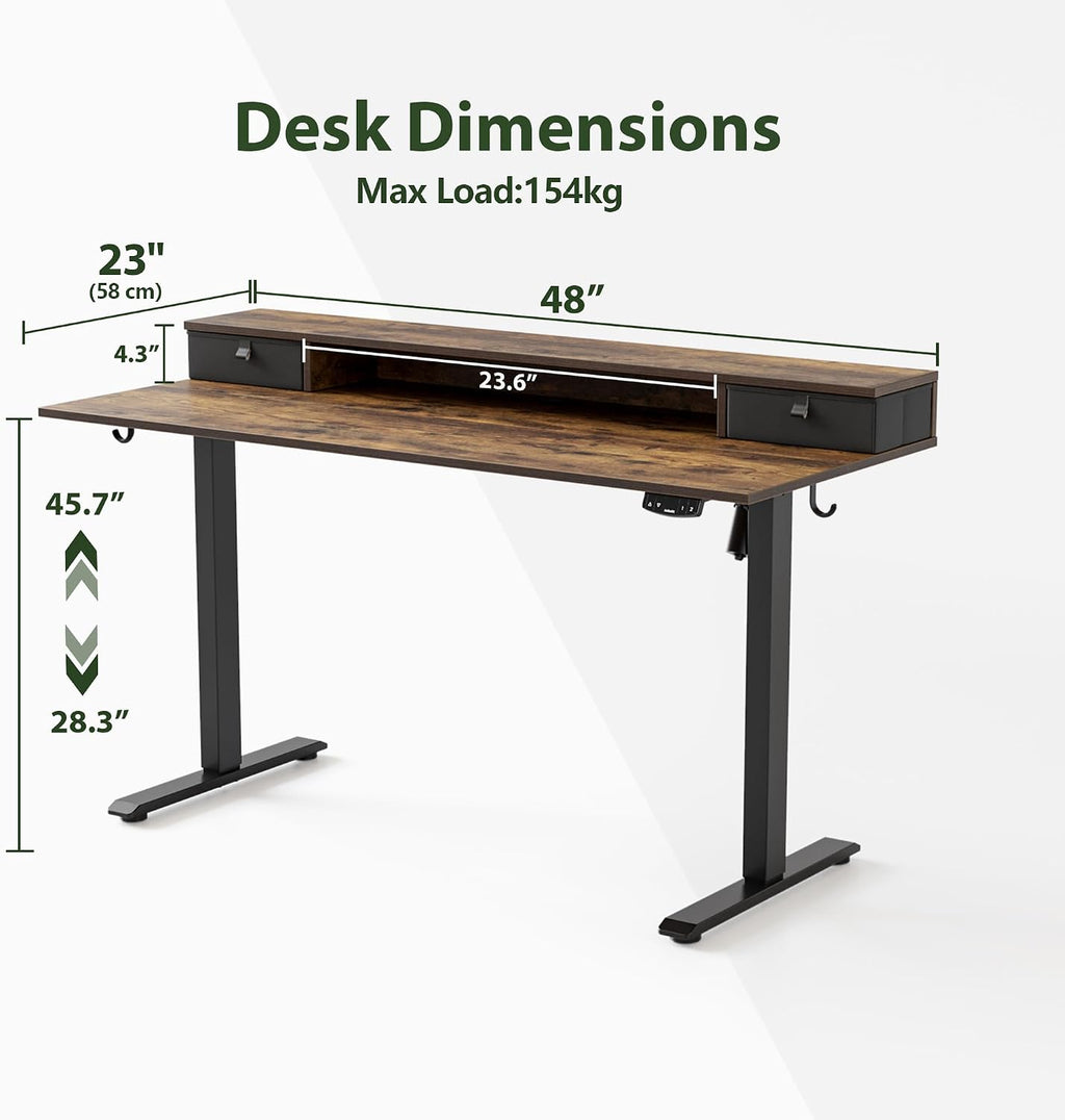 Agilestic 48 x 24 Inches Electric Standing Desk with 2 Storage Drawers, Adjustable Height Sit and Stand Computer Table with Splice Board, Dark Walnut