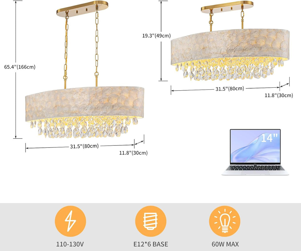 LumFurn 6-Light Oval Capiz Shell Crystal Linear Chandeliers, Coastal Design Light Fixture for Dining Room, Kitchen Island, L32xW12xH19~65in(Adjustable), K9 Crystal, Shell Lampshade & Brass Finish