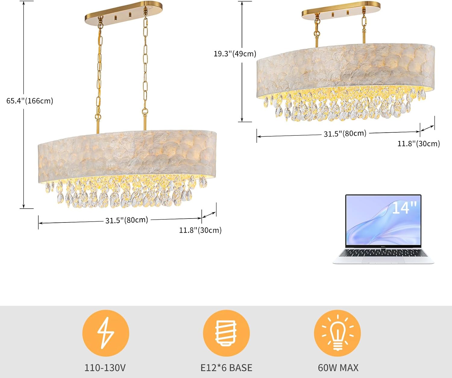 LumFurn 6-Light Oval Capiz Shell Crystal Linear Chandeliers, Coastal Design Light Fixture for Dining Room, Kitchen Island, L32xW12xH19~65in(Adjustable), K9 Crystal, Shell Lampshade & Brass Finish