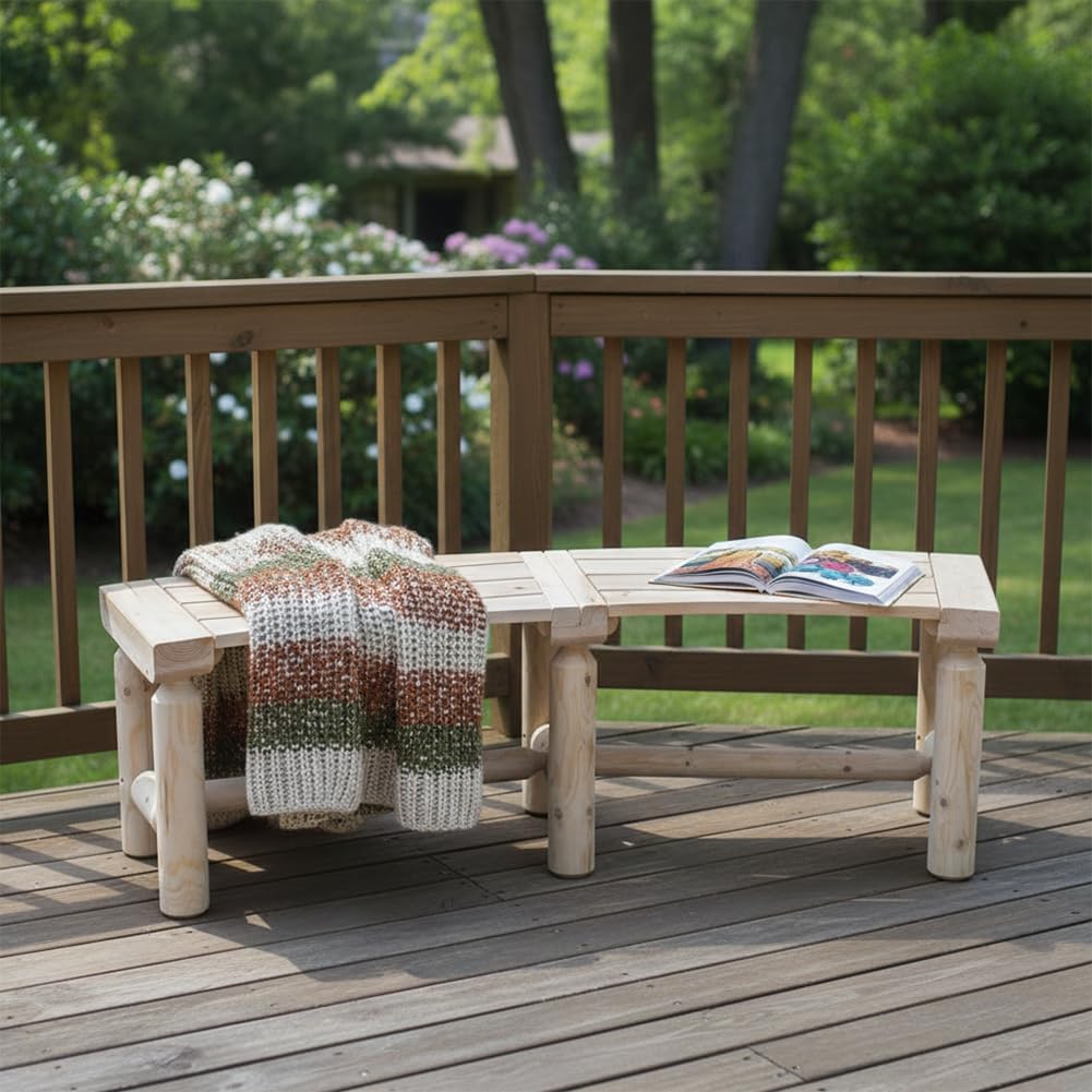 Outdoor Wooden Curved Backless Porch Bench Rustic Style Cedar/Fir Wood Log Fire Pit Bench for Patio Garden Deck and Backyard, 40'-54' W×13' D×16.5' H, 2 Packs