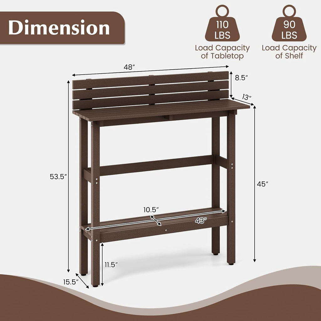 Tangkula Outdoor Bar Table, 48 Inch Patio Pub Height Table with Storage Shelf & Adjustable Foot Pads, All-Weather Bar Height Counter Table, Narrow Dining Table for Hot Tub, Garden & Backyard (Coffee)